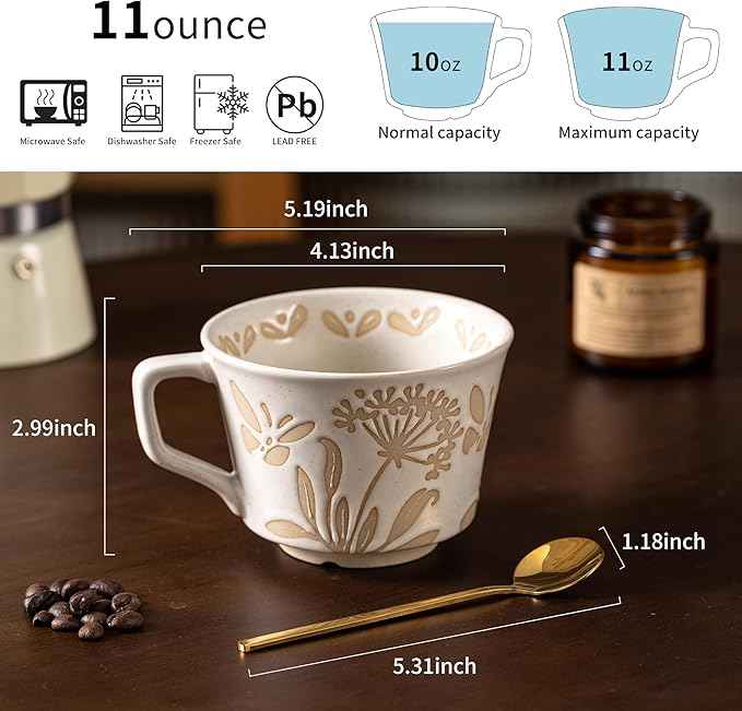 Ceramic Mugs 11 oz Unique Luxurious Cups Set of 4 with Premium Spoon, Mug for Coffee Milk Latte Cappuccino Tea, for Office Home Dishwasher Microwave Freezer Safe, Birthday Gift, Stoneware