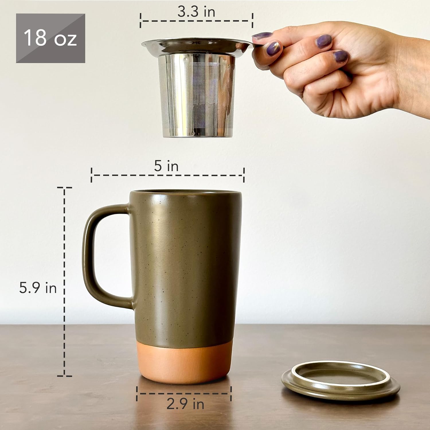 Mora Ceramics Large Tea Mug with Loose Leaf Infuser and Ceramic Lid, 18 oz, Portable, Microwave and Dishwasher Safe, Tall Coffee Cup - Rustic Matte Ceramic Glaze, Modern Herbal Tea Strainer, Olive