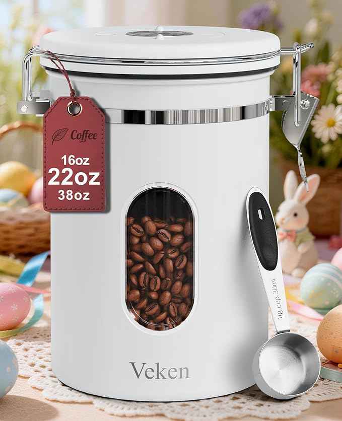 Veken Coffee Canister with Window, Easter Gifts Airtight Stainless Steel Container with Lids, Home Kitchen Food Storage Jars for Grounds, Beans, Tea, Flour, Cereal, Sugar, Basket, Scoop, 22OZ, White