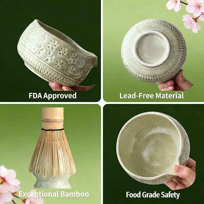 Matcha Whisk Set for Beginner: Japanese Tea Ceremony, 7-in-1 Starter Kit, Easy to Use Guide, 60s Dense Foam, 100% Natural Handmade Bamboo, Lead-Free Ceramic Bowl, Food Safety Certified, Gifts.