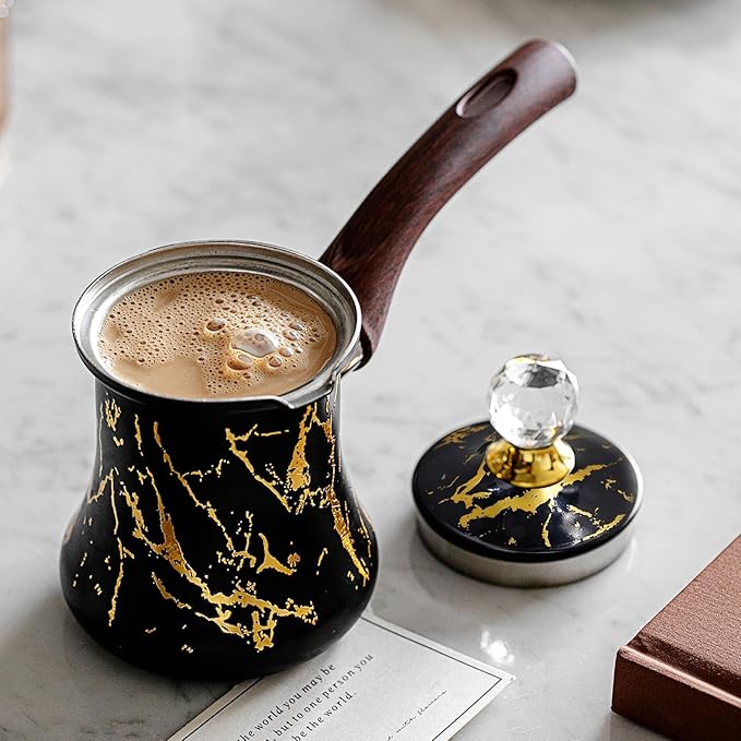 Turkish Arabic Coffee Pot with Wooden Handle,Stove Top Water Boiler, Coffee Maker, Butter, Chocolate & Milk Warmer,Even and Quick Heat with Handcrafted Metal Material (Black)