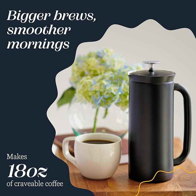 ESPRO P7 French Press Stainless Steel 304 – Patented Double Walled Micro-Filter Insulated French Press Coffee Maker, Grit-Free Brew - Heat Resistant BPA Free - Matte Black (18oz)
