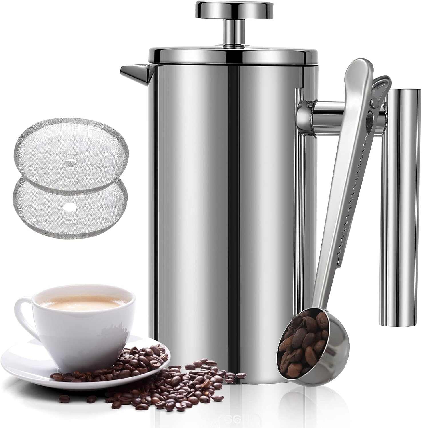 French Press Coffee Maker 34oz, Double-Wall Insulated French Press Stainless Steel 1L for travel camping, Included 2 Extra Screens and 1 Coffee Spoon （6-8cup 1000ml） - Blissbrew