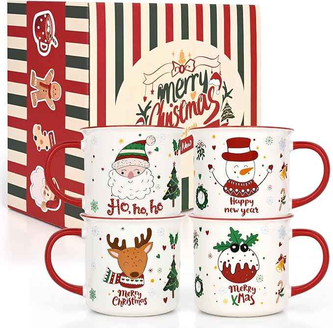 YHRJWN Christmas Mugs Set of 4, Festive Design Coffee Mugs with Santa Snowman Reindeer, Holiday Mugs for Hot Cocoa, Gifts for Family Friends, Holiday Decor, 13 Oz