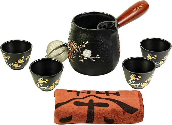 Small Cast Iron Teapot, Japanese Style Tea Kettle without Lid, 20.3 fl oz Tea Pot with Stainless Steel Teacups, Tea Ball for Loose Tea, Wooden Side-handle Tea Set for Stovetop Safe(600ml)