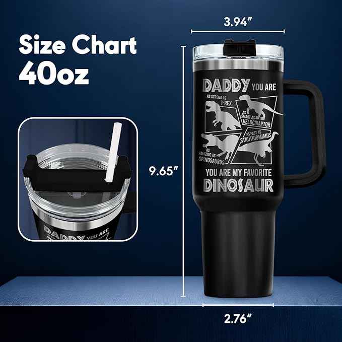 34HD Daddysaurus Tumbler 40oz with Handle Lid and Straw, Funny Like a Normal Daddy But More Awesome Dinosaur Gift, Black Dino Insulated Stainless Steel Cup, Father’s Day & Birthday Present to Papa