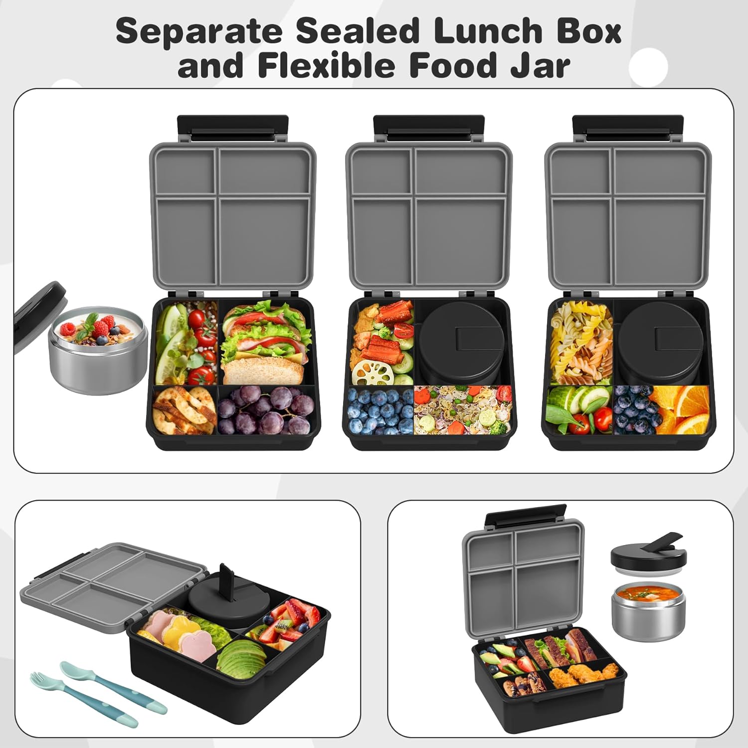 Bento Lunch Box with 8oz Soup Thermo, Kids Leakproof Lunch Food Containers with 4 Compartment, Kids Thermo Insulated Hot Food Jar for School, Trvael (Grey) - Blissbrew