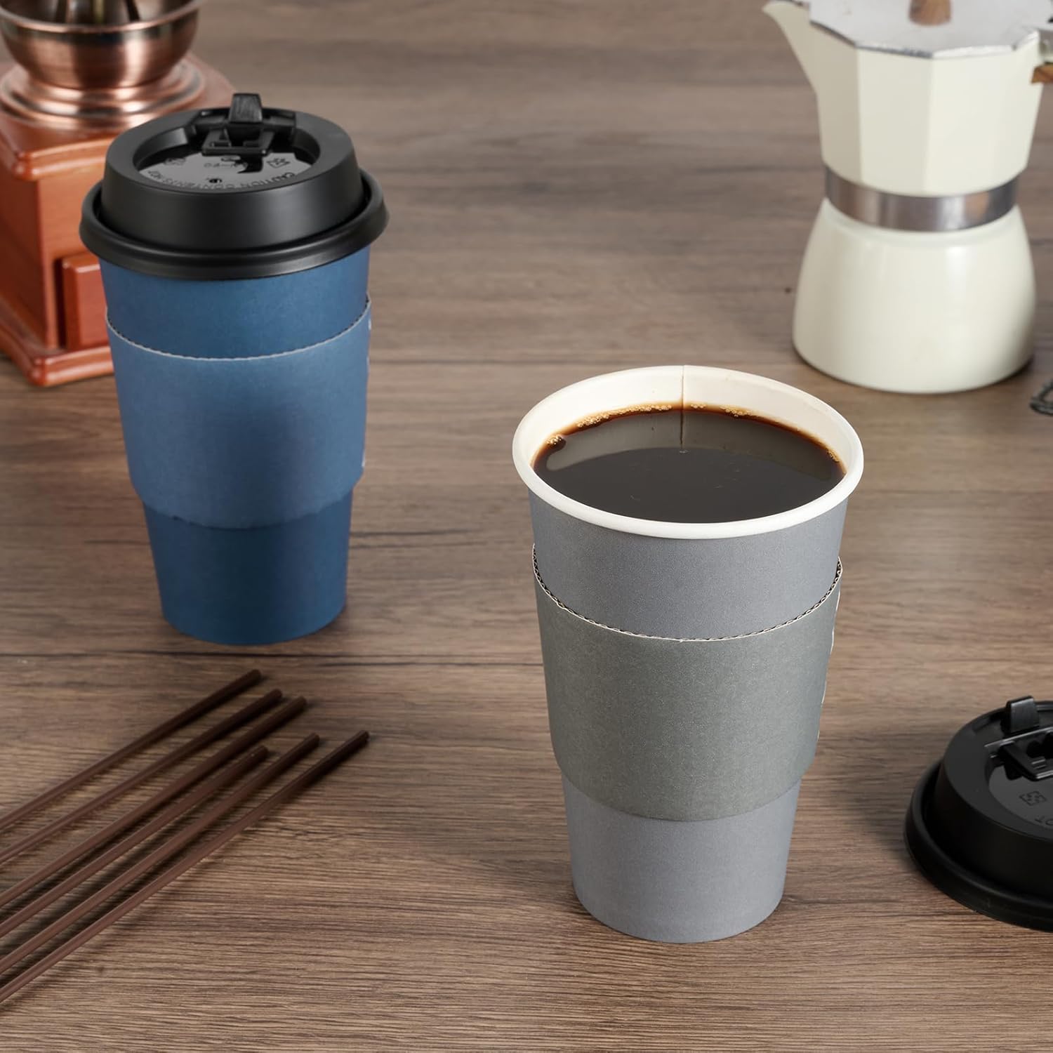 LITOPAK 100 Pack 16 oz Disposable Paper Coffee Cups with Lids, Sleeves and Stirring Sticks for Hot Coffee, Water or Juice, Blue and Gray Hot Paper Cups for Cafes, schools, offices, shops