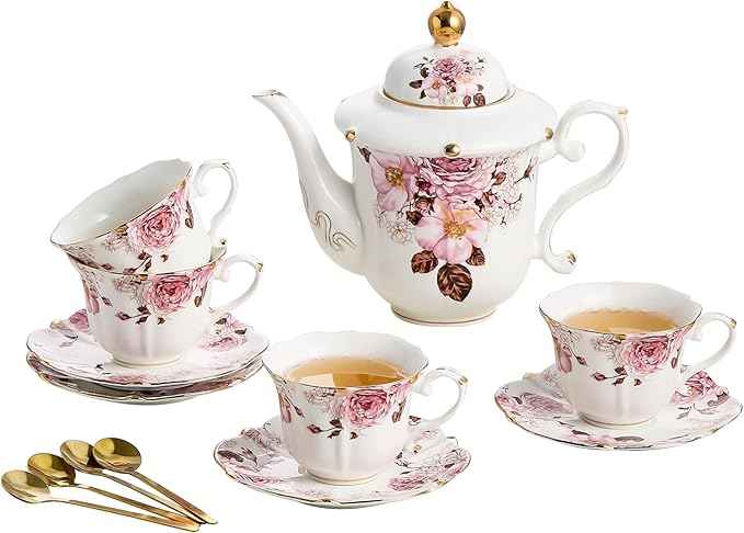 TATSUMI Country Roses Porcelain Tea Set, European Ceramic tea set for adults,Vintage Style, For Women and Tea Parties (Chocolate Red, 13 Pieces Set)