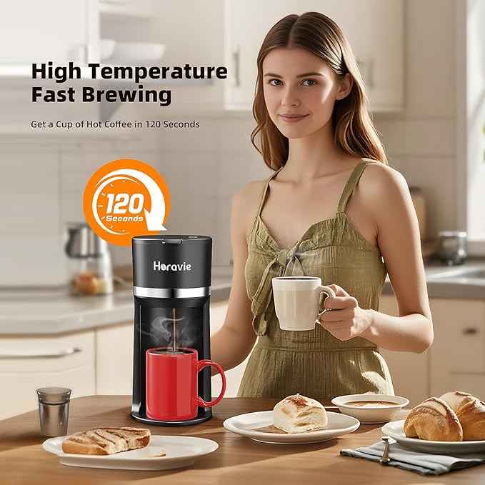 Mini Single Serve Coffee Maker for K Cup and Ground Coffee, Fast Brew One Cup Coffee Machine with Descaling Reminder and Water Window, 6 to 12 oz. Brew Sizes, Black