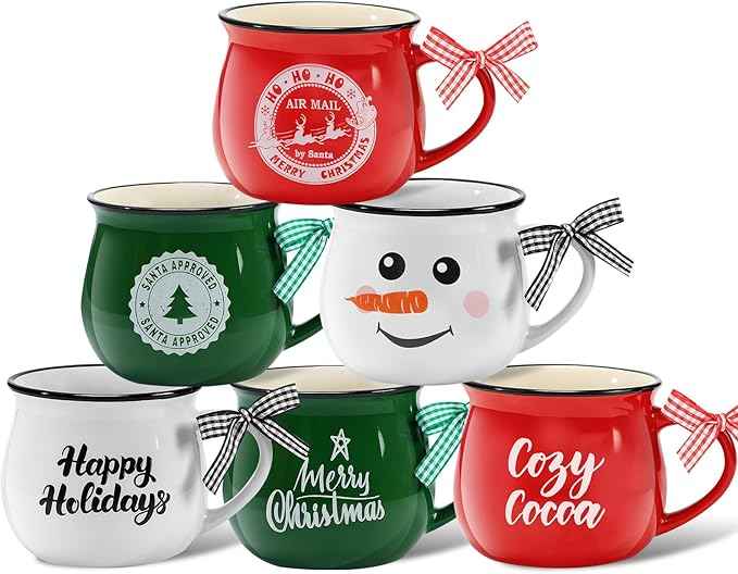 Sawysine Christmas Coffee Mugs Set of 6, 12 oz Ceramic Mug Gift Holiday Hot Cocoa for Family Mom Woman Friend Farmhouse(Snowman Style)