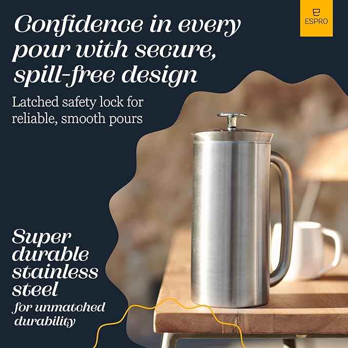 ESPRO P7 Brushed Stainless Steel French Press 304 – Patented Double Walled Micro-Filter Insulated French Press Coffee Maker, Grit-Free Brew - Heat Resistant BPA Free (18oz)