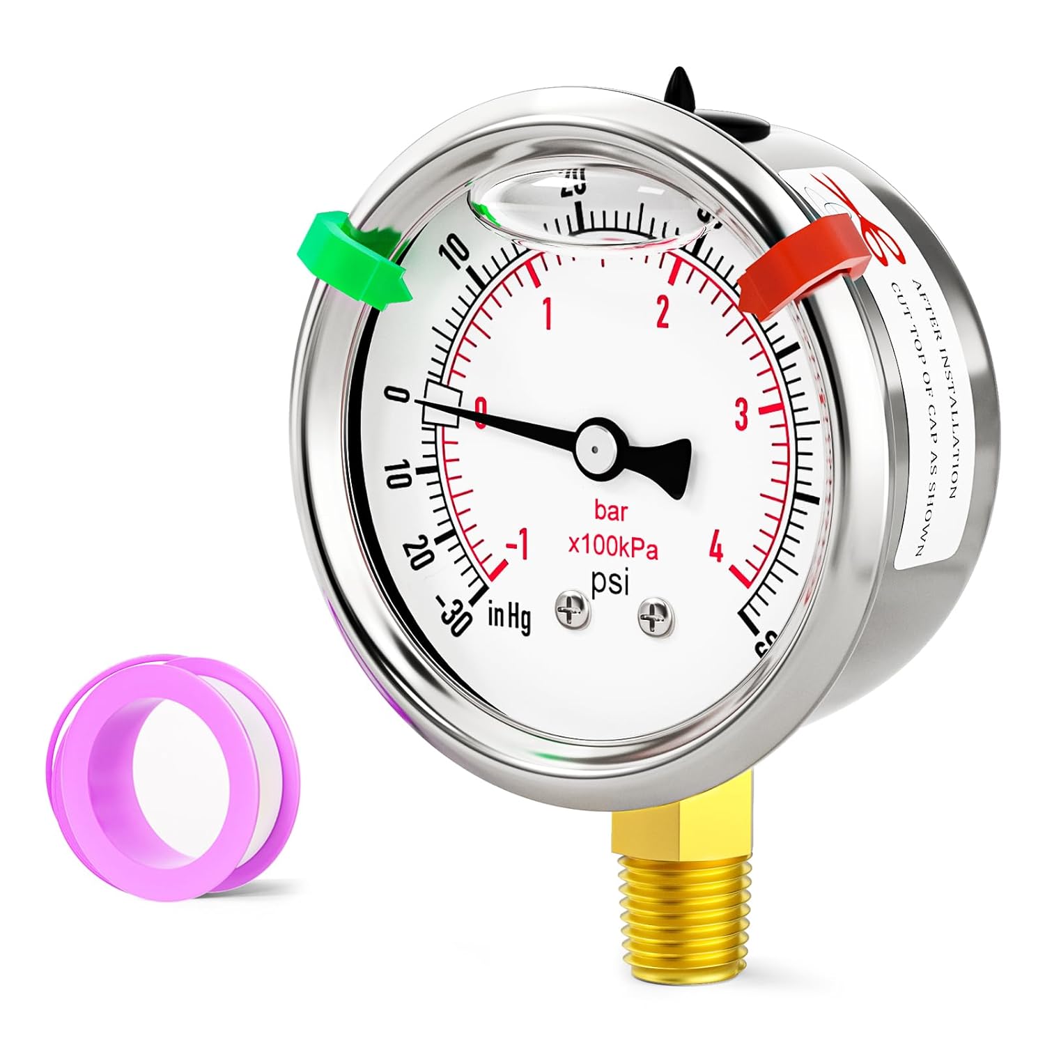 -30inHG-60psi Stainless Steel Glycerin Liquid Filled Vacuum Pressure Gauge 1/4