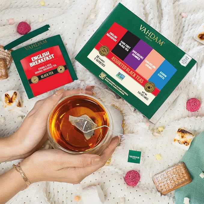 VAHDAM, Assorted Black Tea Bags Sampler (5 Flavors, 20 Ecofriendly Pyramid Tea bags) I Gift Ideas for Women & Men | Assam and Darjeeling Teas | Gluten Free & Non GMO | Gifts for Him/Her