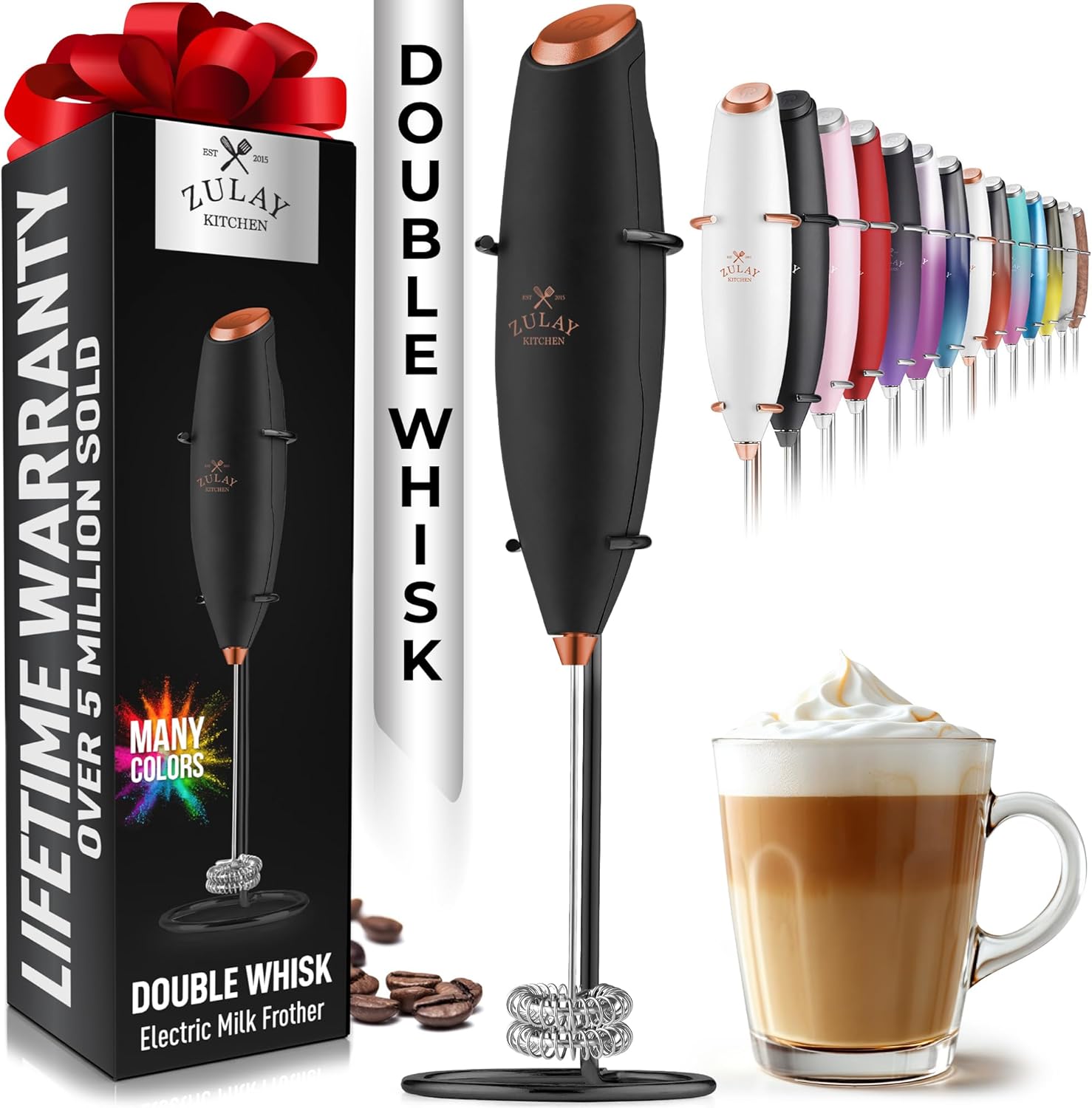 Zulay Double Whisk Milk Frother Handheld Mixer - High Powered Frother For Coffee With Improved Motor - Milk Frother Electric Whisk Drink Mixer For Cappuccino, Frappe, Matcha, Twin Whisk - Black/Copper