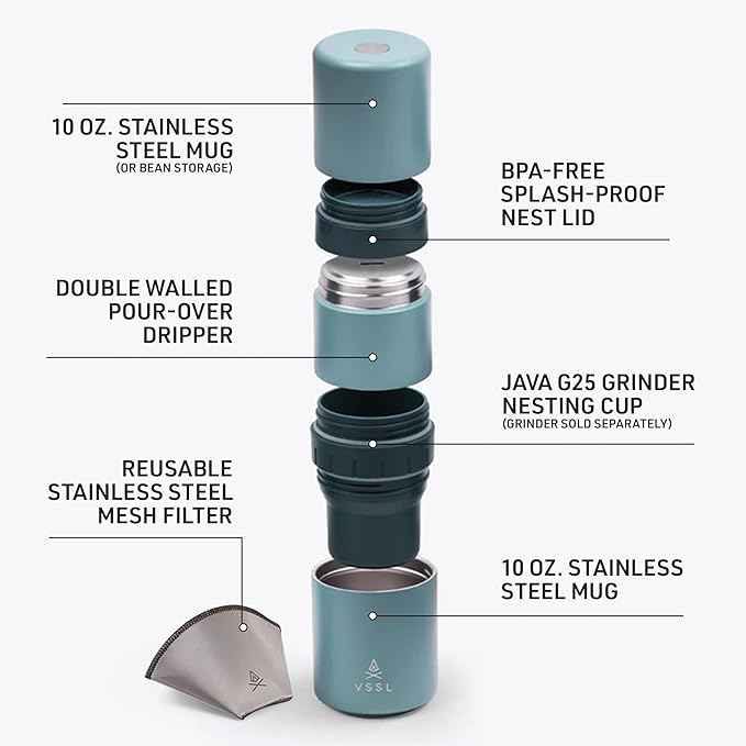 VSSL - Nest Pour Over Coffee Kit | Coffee Maker for Camping | All-In-One Travel Pour Over | Transportable Dripper, Two 10oz Stainless Steel Travel Mugs | Compact Storage & Adventure Ready | Everglade