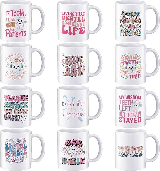 12 Pcs Dental Assistant Gifts Bulk, Dental Assistants Recognition Week Appreciation Gifts 11oz Ceramic Mugs Coffee Cup for Tea Milk Hot Chocolate Hygienist Assistants Nurse Doctor