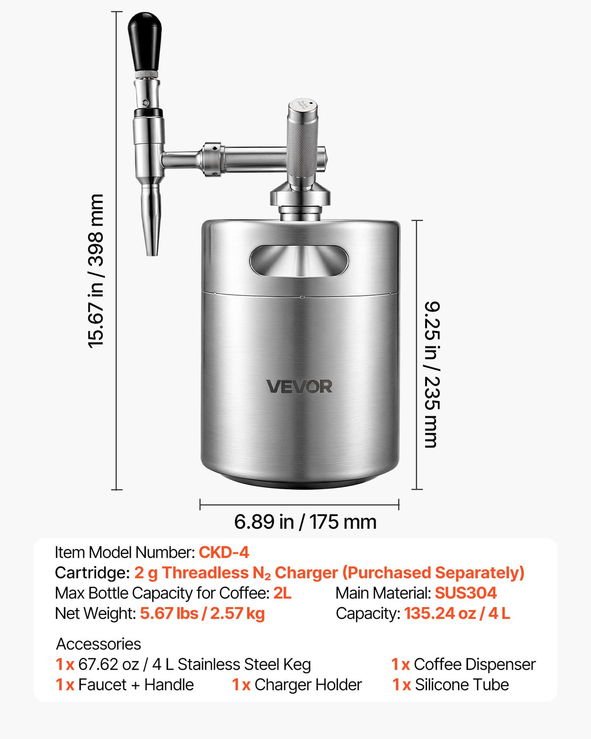 Nitrogen cartridge keg ready for dispensing