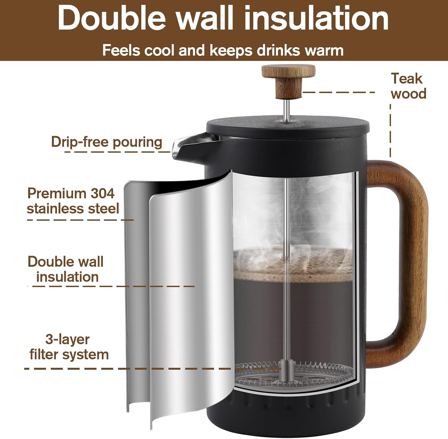 Rorence 34oz French Press Coffee Maker, Coffee Press with Real Wood Handle & Plunger Head, Double Wall Insulation & Dual-Filter Screen, incl. replaced filters & instructions, Black - Blissbrew