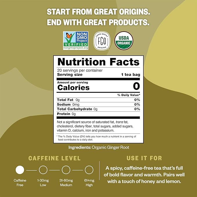 FGO Organic Ginger Tea, 20 Count, Eco-Conscious Tea Bags, Caffeine Free, Packaging May Vary (Pack of 1)