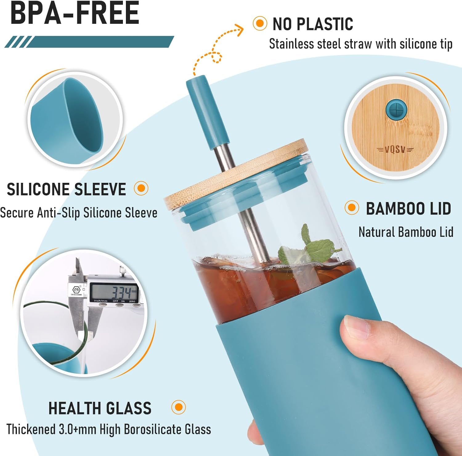 Glass Tumbler w/Lids & Straw - 24oz Reusable Mug w/Bamboo Lid & Stainless Steel Straw - BPA-Free, Leak-Proof, Dishwasher Safe for Coffee, Smoothies, Hot Beverages, Travel, Office, Home Use，4-PK