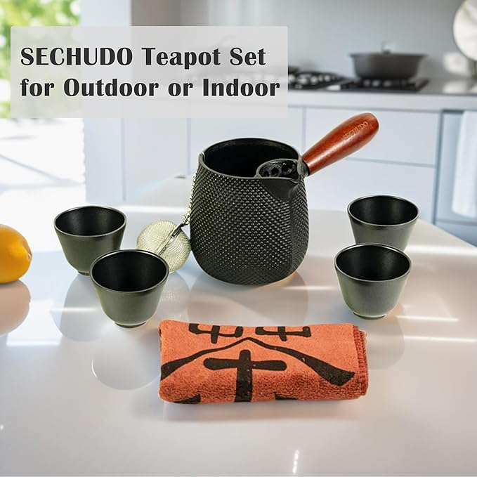 Small Cast Iron Teapot, Japanese Tea Kettle without Lid, 20.3 fl oz Tea Set with Stainless Steel Teacups, Tea Ball for Loose Leaf, Wooden Side-handle Tea Pot for Stovetop Safe(600ml)