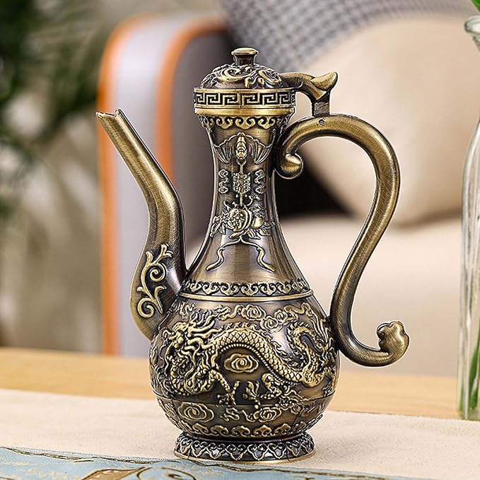 Vintage Turkish Coffee Pot and Cups Set,Teapot Tea Service Set Including 4 Metal Cups and Tea Tray for Tea Table Decor,Wedding Ornament (Bronze)