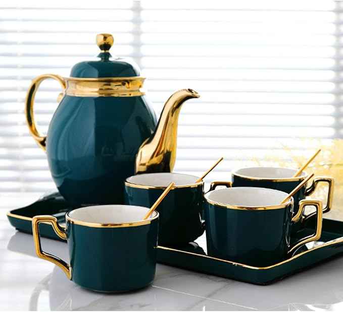 Tea Cups and Tray Set of 14 Pieces,Luxury Set with Teapot, Afternoon Tea Coffee Cups with Ceramic Tray, British Porcelain Tea Party Set for Kitchen,A