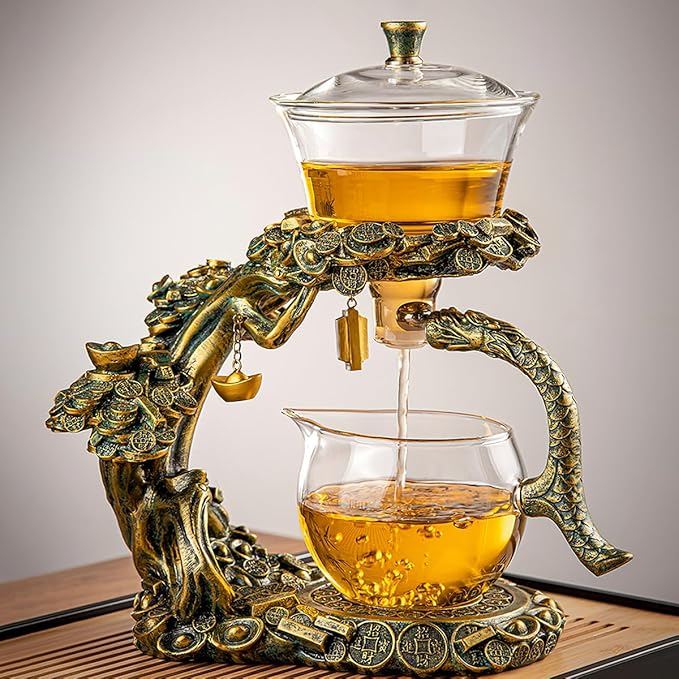 Lazy Kungfu Drip TeaPot, Heat Resistant Tea Set, Semi-Automatic Glass Teapot Suit for Magnetic Water Flow Wooden Glass Teapot Set
