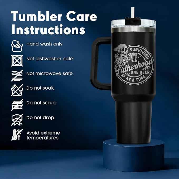 34HD Fatherhood Beer Tumbler 40oz with Handle and Straw - Surviving Dad One Beer at a Time Insulated Travel Coffee Mug - Funny Daddy Gift for Father's Day Birthday Grandpa Men