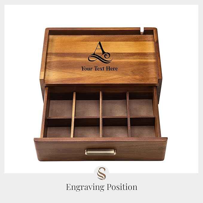 Shanik Custom Engraved Organizer - Personalized Box with Drawer for Tea Collection, Solid Wood Station - Modern Drinker Gift.