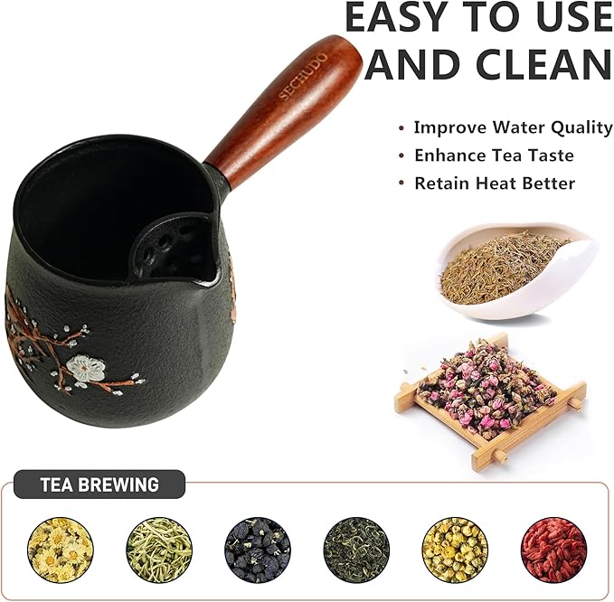 Small Cast Iron Teapot, Japanese Style Tea Kettle without Lid, 20.3 fl oz Tea Pot with Stainless Steel Tea Ball for Loose Tea, Wooden Side-handle Tea Set for Stovetop Safe(600ml)