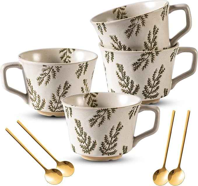 Coffee Mugs Set of 4 with Gold Spoon, 11 oz Porcelain Mug, Ceramic Tea Cups with Handle for Men Women, Hand-painted Mug, Birthday Housewarming Wedding Gift, Dishwasher Microwave Safe