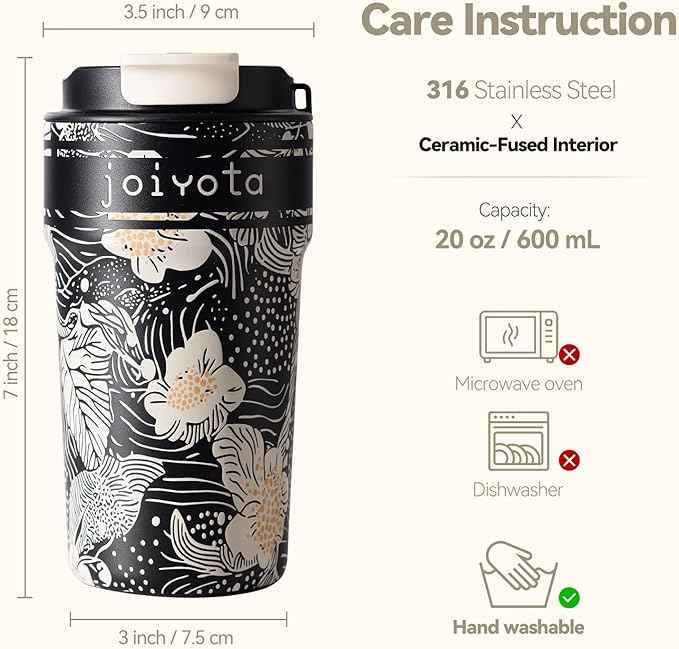Ceramic Lined Insulated Coffee Tumbler 20oz with 3D Print Design, Double Wall Vacuum Insulated Travel Mug with Lid and Straw, Leak Proof Tumbler for Hot/Iced Coffee, Tea, Gift for Women,Flower