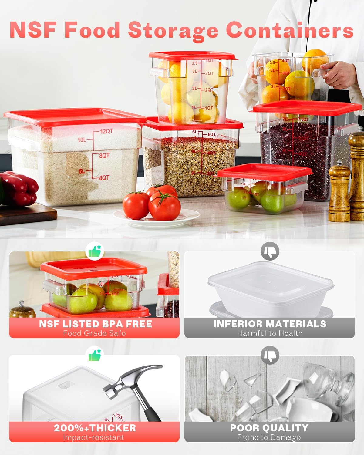 2QT&4QT NSF Food Storage Containers with Lids: 4 PCS [Total Food Grade][Hot&Cold Resistant] Commercial Clear Food Storage Containers for Restaurant Kitchen Proof Dough (Red)