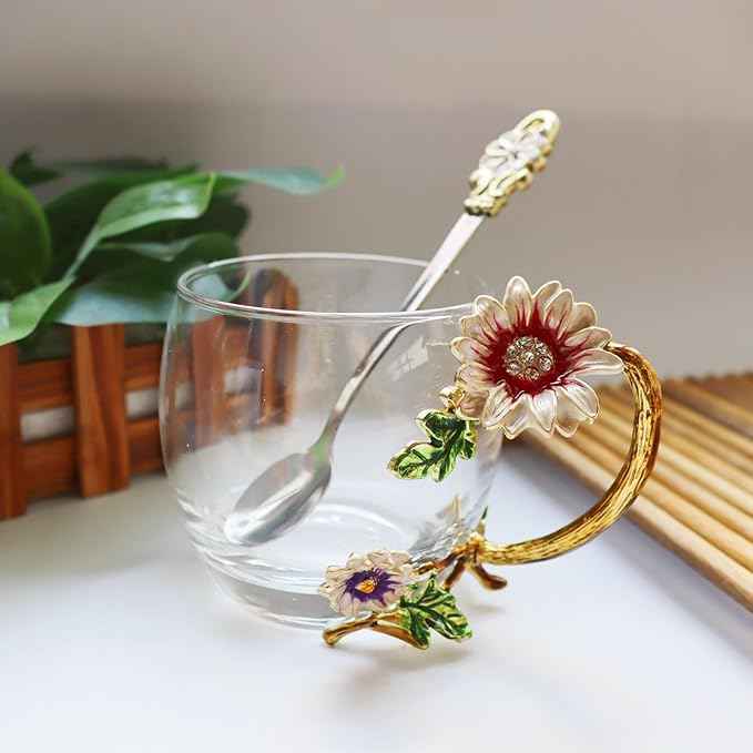 Tea Cup Gifts for Mom Women Mothers Day Glass Coffee Enamels Mug Birthday Butterfly Rose Gifts for Her Valentines Day Christmas Tea Cup with Spoon (A-Cup-Short-Chrysanthemum)