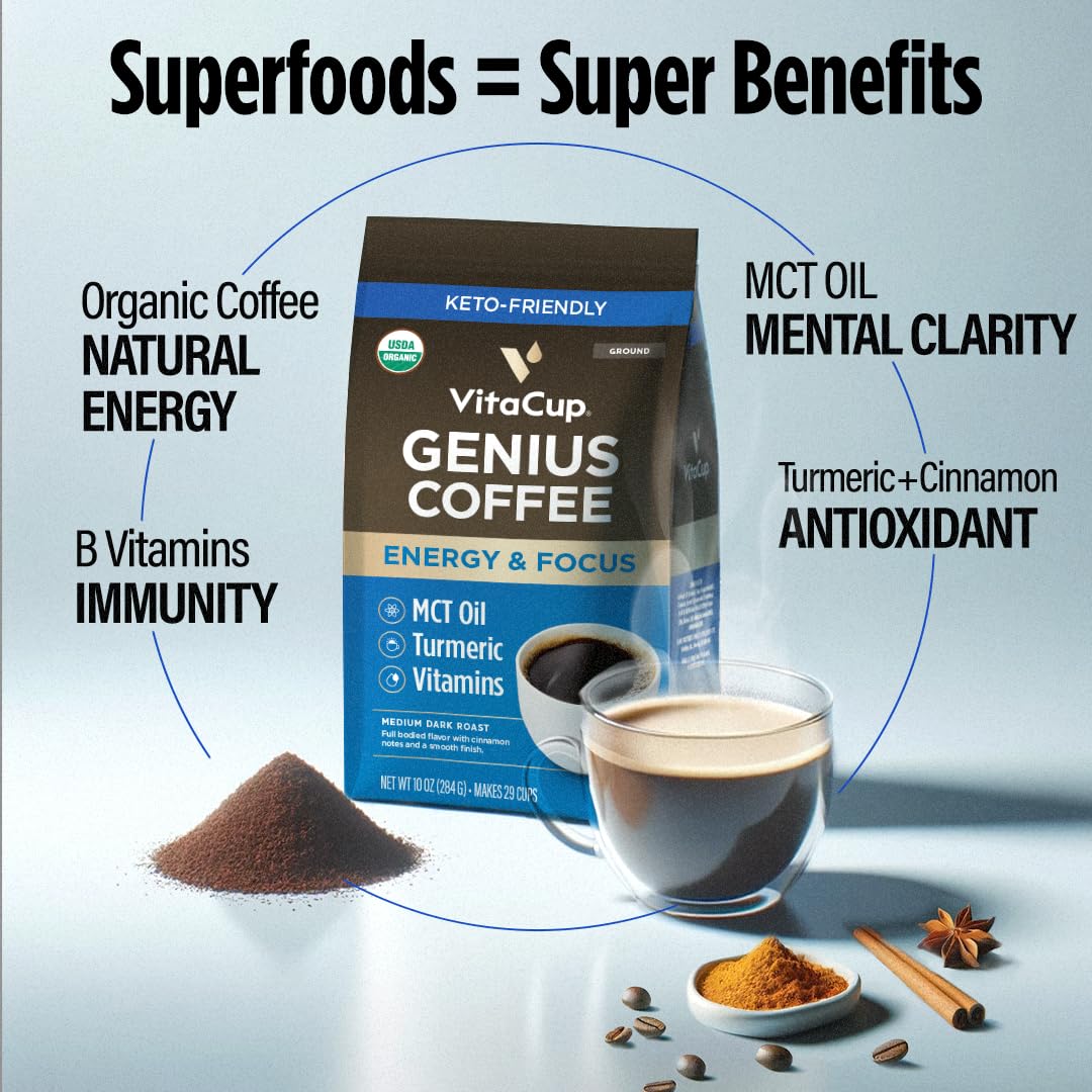 VitaCup Organic Genius Ground Keto Coffee, Increase Energy & Focus w/MCT Oil, Turmeric, B Vitamins, D3, USDA Organic Ground Coffee Medium Dark Roast, 100% Arabica Beans, 6 bags, 10 oz each