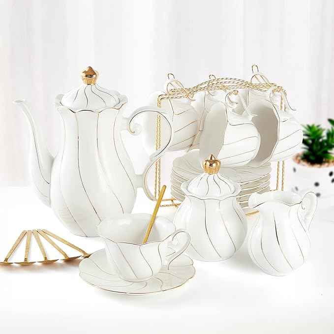 DUJUST 22 pcs Porcelain Tea Set for 6 ＆ Larger 2-Tier Cupcake Stand Tower, Luxury British Style Tea/Coffee Cup Set with Golden Trim, Food Grade Dessert Display Stand for Tea Party - White