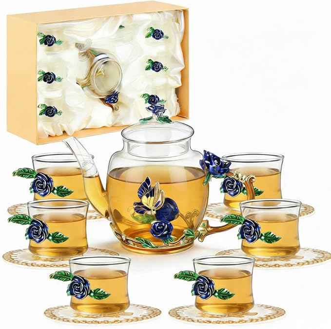 7 Pcs Floral Glass Tea Set for Women 14 oz Butterfly Vintage Teapot Set for Adults Glass Tea Gift for Valentine Spring Party Mother's Day Girlfriend Fancy Pot Cups with Gift Box(Blue)