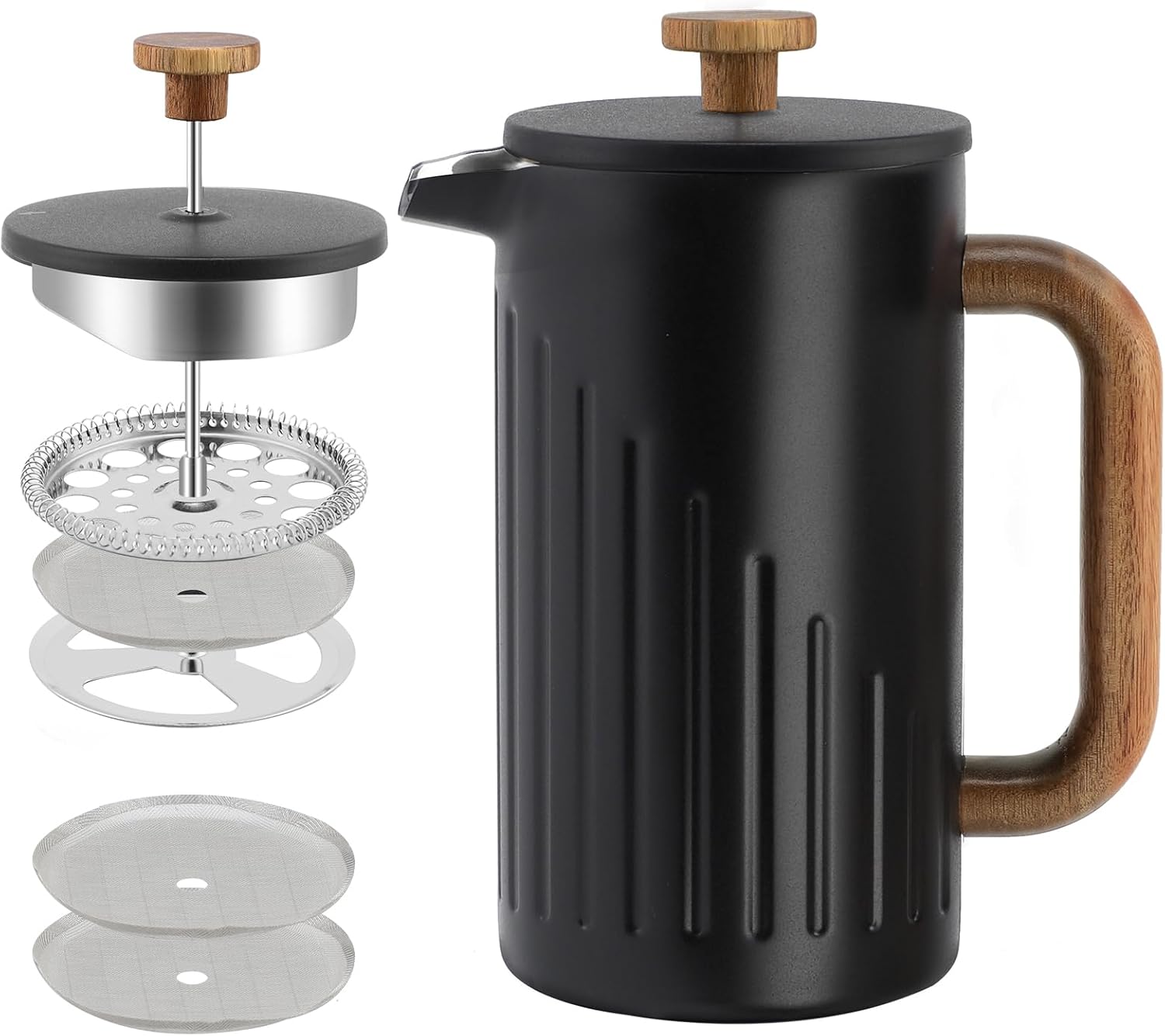 Rorence 34oz French Press Coffee Maker, Coffee Press with Real Wood Handle & Plunger Head, Double Wall Insulation & Dual-Filter Screen, incl. replaced filters & instructions, Black - Blissbrew