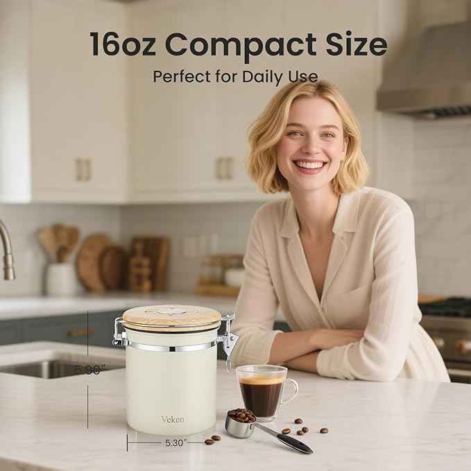Veken Coffee Canister, Airtight Stainless Steel Kitchen Food Storage Container with Date Tracker and Scoop for Beans, Grounds, Tea, Flour, Cereal, Sugar, Cookie, 16OZ, Cream