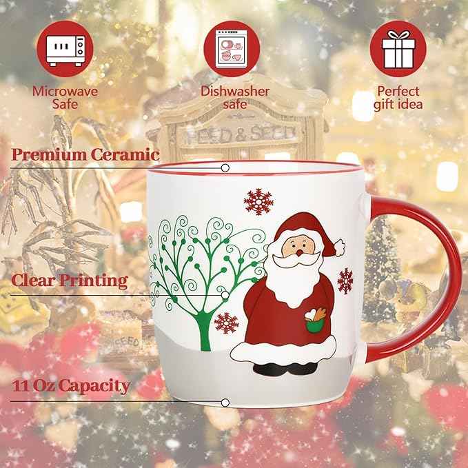 YHRJWN Christmas Mugs Set of 4, Merry Christmas Coffee Mugs with Reindeer, Santa, Snowman, Penguin Designs, Holiday Gifts for Family & Friends, 11 Oz