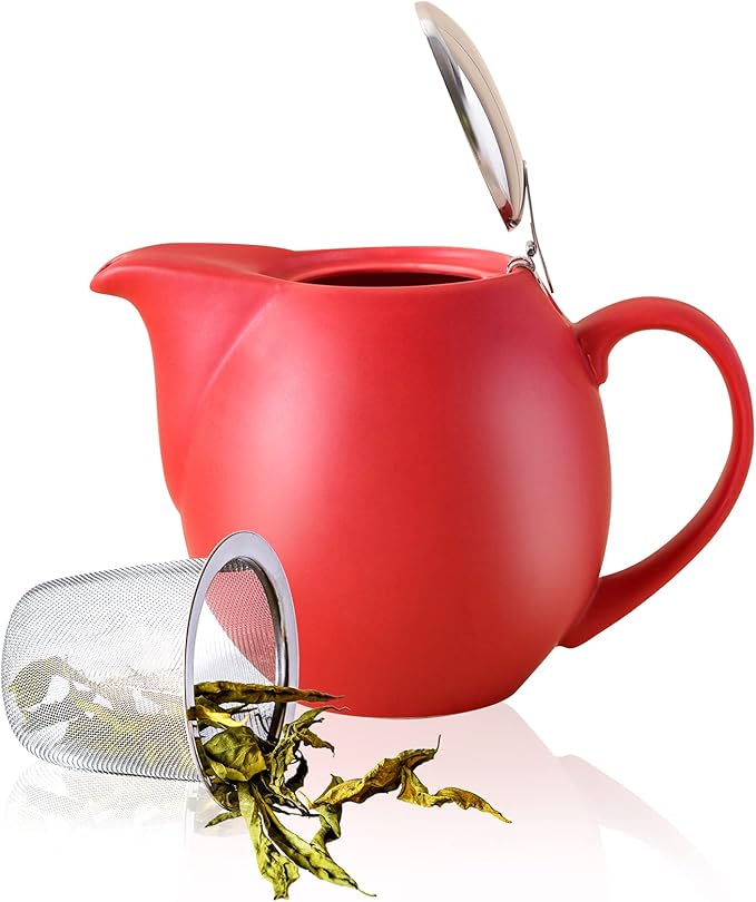 Yundu 32 ounce Red Porcelain Tea Pot - Stainless Steel Lid and Fine Infuser To Brew Loose Leaf Tea, Enough For 4 Cups