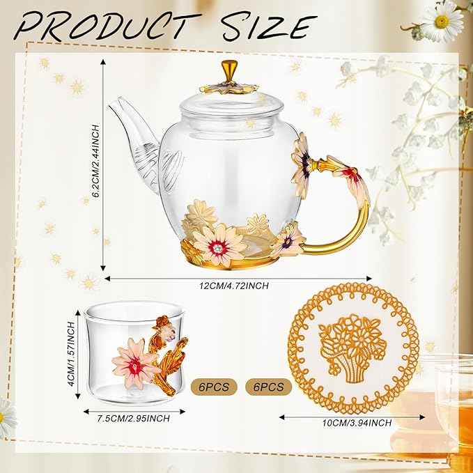 7 Pcs Floral Tea Set for Women, Vintage Flower Teapot Set With Gift Box, Glass Tea Kettle, Fancy Cup, Mug With Coasters for Kitchen Family Gathering Home