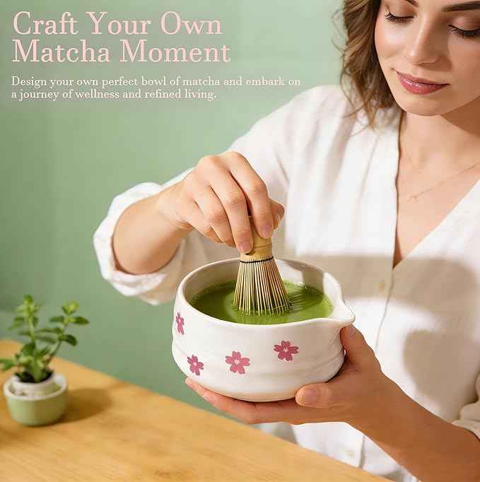 8Pcs Cute Ceramic Matcha Set with Whisk Bowl, Matcha Tea Kit Holder, Bamboo Scoop, Sifter, Towel Included, Valentine's Mother's Day Gift for Matcha Lover Women (White Sakura)