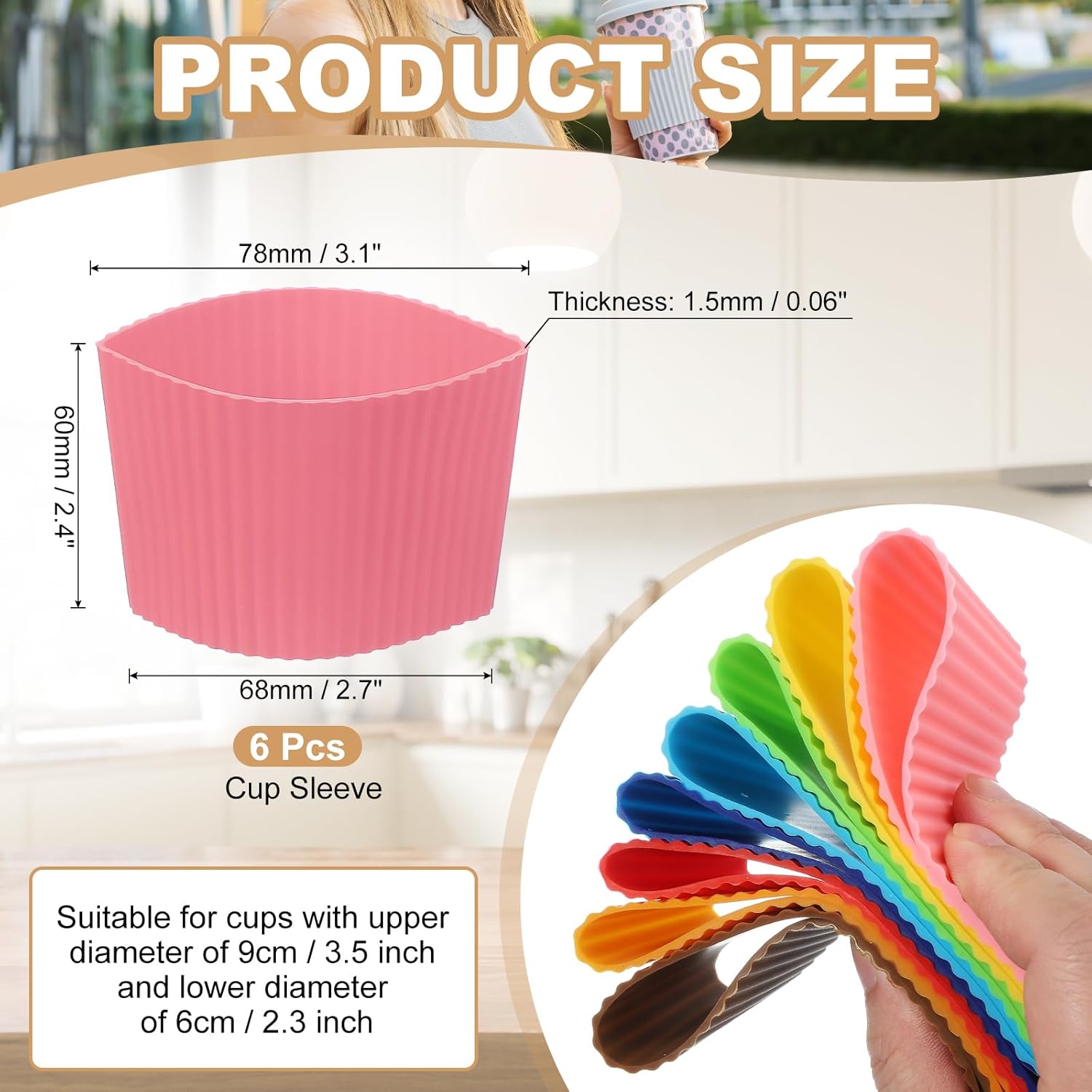 uxcell 6Pack Coffee Cup Sleeves, Reusable Silicone Heat Resistant Cup Protective Sleeve Nonslip Mug Protector Cover for Home Travel Coffee Mug Glasses Water Bottle Boots, Dark Pink