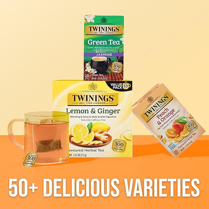 Twinings Peach & Orange Herbal Tea Individually Wrapped Bags, 20 Count (Pack of 1), Juicy & Fruity, Naturally Caffeine-Free, Enjoy Hot or Iced