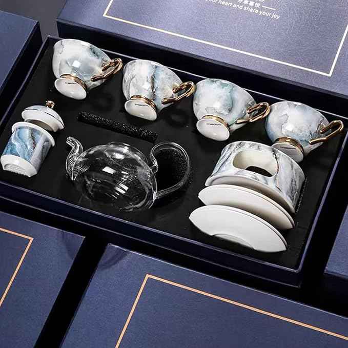 China Bone Porcelain Coffee Tea Set, English Light Luxury Afternoon Tea Set with Tea Stove Suitable as A Gift for Mother'S Day, Birthday, Christmas, and Gatherings (4-Sea Mist Cup)
