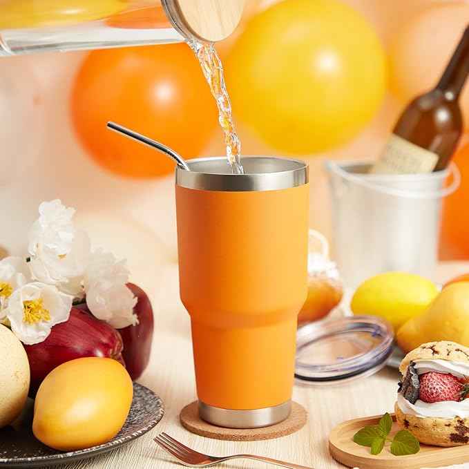 MEWAY 30oz Insulated Tumbler With Lids and Straws,Stainless Steel Double Vacuum Coffee Tumbler Cup, Brush, Durable Powder Coated Coffee Cup for Cold & Hot Drinks, Office, Travel(Orange,8 PACK)