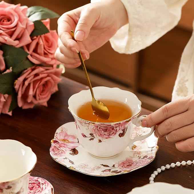 TATSUMI Country Roses Porcelain Tea Set, European Ceramic tea set for adults,Vintage Style, For Women and Tea Parties (Chocolate Red, 13 Pieces Set)